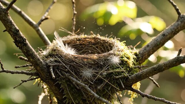 Empty bird nest built with twigs moss and feathers nestled in a tree branch in a natural outdoor environment
