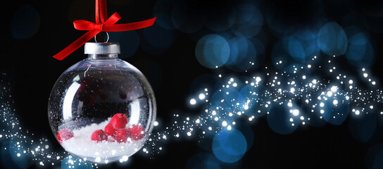 Christmas ball and snow against black background, banner design. Transparent festive ornament and...