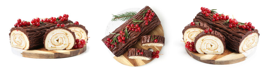 Christmas cake isolated on white, collage. Yule log