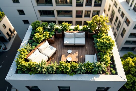 A stylish rooftop garden captured from above in the heart of a vibrant city