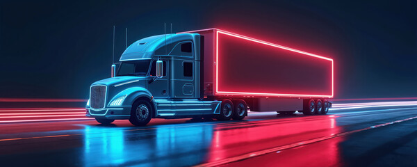 Semi truck with neon blue and red lights drives on highway at night. Futuristic vehicle travels on road with light trails. Modern freight transport moves fast.
