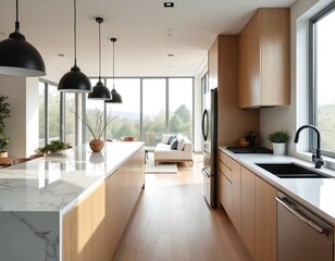 Spacious open plan modern kitchen with island counter. Sleek wood cabinets, marble top, stainless steel appliances, large windows overlooking nature view. Minimalist decor with pendant lights,