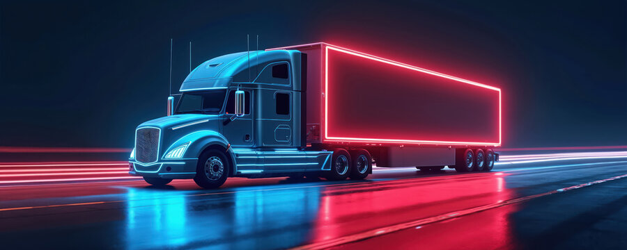 Semi truck with neon blue and red lights drives on highway at night. Futuristic vehicle travels on road with light trails. Modern freight transport moves fast.