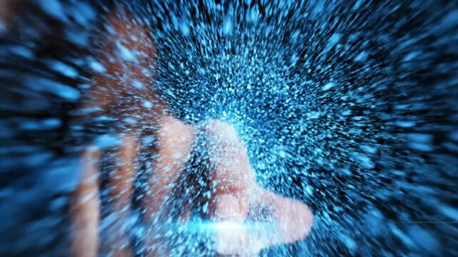Hand activating glowing digital key in closeup sequence. Finger pointing to virtual lock then triggering blue energy burst. Cyber access technology and data unlock concept.