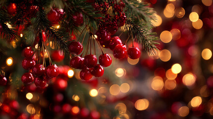 Magical Christmas and New Year background featuring a Christmas tree adorned with red cherry decorations and glowing gold lights.
