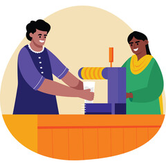 Two smiling women are preparing drinks at a beverage stand in a bright indoor setting with a pale yellow background and orange counter detail illustration