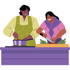 Two smiling women of color cooking together in a kitchen preparing food with fresh vegetables and kitchen utensils with a purple countertop in a bright setting