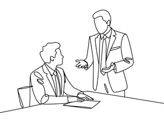 Continuous line drawing of two businessmen discussing at a table with document