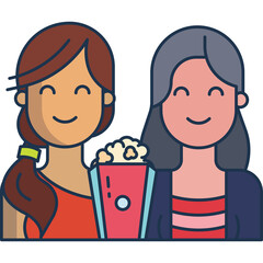 Two Smiling Women Sharing Popcorn A Joyful Moment of Friendship and Leisure Activities With One Woman Having Brown Hair Tied in a Ponytail and the Other with Gray Hair Enjoying a Snack Together in a