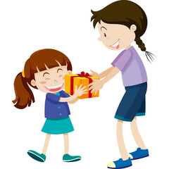 Two smiling young girls happily exchanging a vibrant yellow gift box with a red ribbon on a transparent background in a simple illustration style