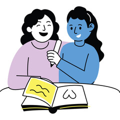 Two smiling young women one with dark hair in a lavender sweater and the other with dark hair and a blue top writing in a book together with a white background