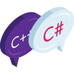 Two Speech Bubbles One Purple With C Plus Plus The Other White With C Sharp Programming Language Symbols Representing Coding Communication In A Clean Isometric Style With A Transparent Background