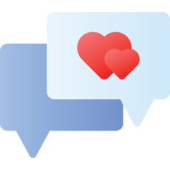 Two speech bubbles representing communication with one containing two red hearts on a soft blue and white gradient background a symbol of love and affection