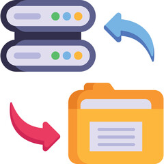 Two stacked computer servers with colorful indicator lights connected to a yellow folder by blue and red arrows indicating data transfer and synchronization