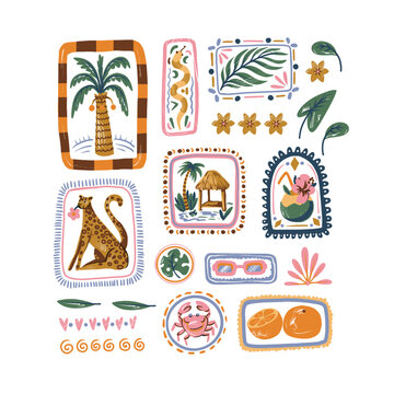 Square summer vector seamless pattern tropical animals palm leaves fruit crab hut beach