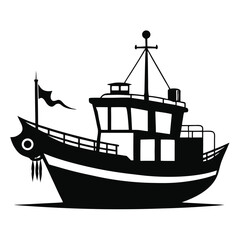 Black silhouette shows a cartoon fishing boat with a flag on an ocean