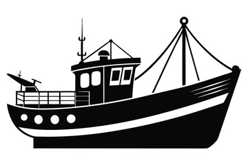 Black silhouette shows a commercial fishing boat with radar and a mast on deck