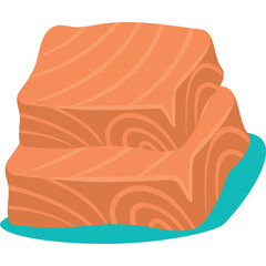 Two Stacked Slices of Raw Salmon Fillet with Diagonal Marbling on a Teal Abstract Shape Isolated on White Background