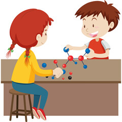 Two smiling children a girl with red hair in a yellow shirt and blue pants and a boy in a red shirt construct molecular models at a wooden desk with a transparent background illustrating educational