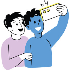 Two smiling friends taking a selfie with a smartphone in a casual setting with a transparent background