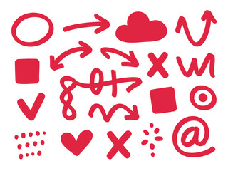 Red hand drawn doodle elements including arrows shapes and symbols on white