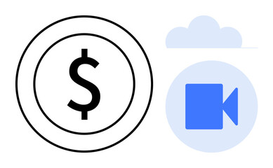Black dollar circle, blue video camera within light cloud. Ideal for monetization, video streaming, cloud storage, digital business, online economy, technology virtual services. Simple flat metaphor