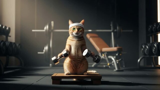 Determined ginger cat with headband lifts dumbbells in a dimly lit gym, showcasing dedication