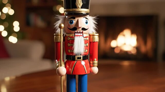 Traditional wooden nutcracker with vibrant painted details, set against a cozy fireplace backdrop