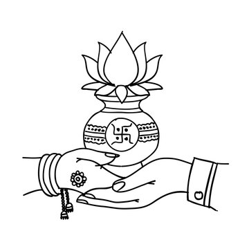Traditional Kalash with Swastik and Hand Offering &ndash; Indian Wedding Ceremony Vector