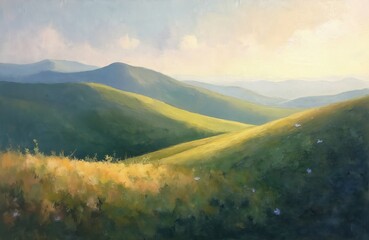 Fototapeta premium Green hills with sunlit grass under sky. Gentle landscape with rolling mountains and soft light. Peaceful nature scene with painterly texture.