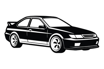 Black stylish coupe car showcases bold lines and custom wheels in monochrome