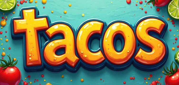 Large bright yellow word TACOS in bold 3D lettering on vibrant blue background. Fresh green lime slices, red tomatoes, colorful small dots decorate lively graphic. Food business branding, culinary