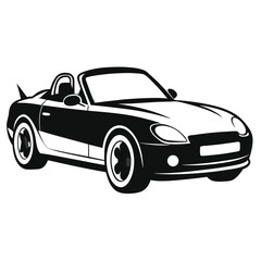 Bold monochrome drawing showcases a sleek convertible car in dynamic profile view
