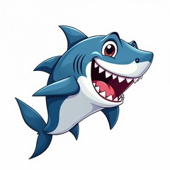Fototapeta premium Blue cartoon with big open mouth and sharp white teeth smiles widely. Funny sea creature illustration isolated on white background. Predator shows its scary grin.