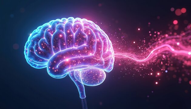 Glowing digital human brain abstractly processes information. Vibrant blue, purple light illuminates neural network connections. Stream of pink data energy flows from brain. Concept for artificial