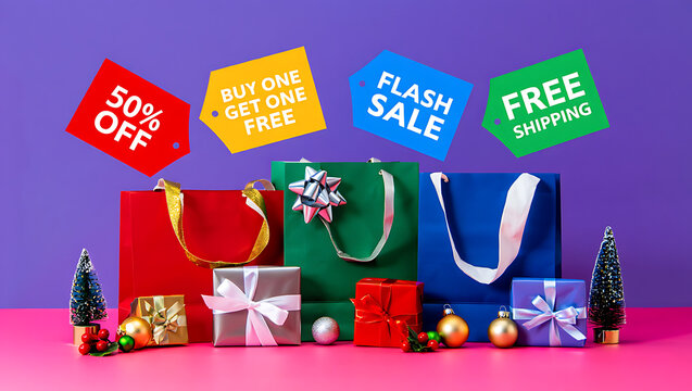 Holiday Shopping Spree Enjoy Discounts and Deals, Gift Bags and Presents for a Festive Celebration, Buy One Get One Free, 50% Off, Flash Sale, Free Shipping