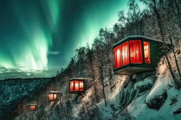Modern red-lit cabins on a snowy hillside under bright green northern lights.