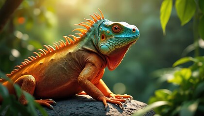 Fototapeta premium Bright orange iguana with blue green head rests on grey rock in green forest. Sunlight warms reptile skin showing scales and crest. Animal sits in natural wild habitat.