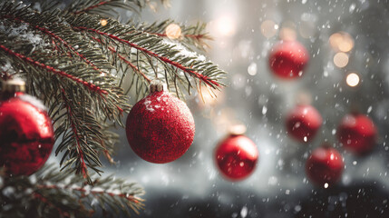 Red Christmas baubles nestled on fir branches, creating a festive winter scene.
