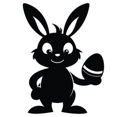Happy bunny silhouette holds a decorated egg and smiles joyfully on a white background