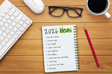 2026 Happy New Year Resolution Goal List and Plans Setting - Business office desk with notebook...