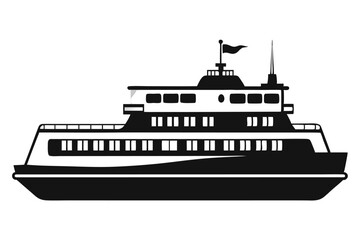 Obraz premium Isolated black and white ferry boat displays its multiple decks and windows in silhouette