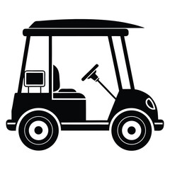 Isolated black golf cart shows a steering wheel, seat, and canopy against white