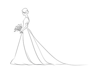 Bride silhouette vector illustration, one line art, isolated on white background 