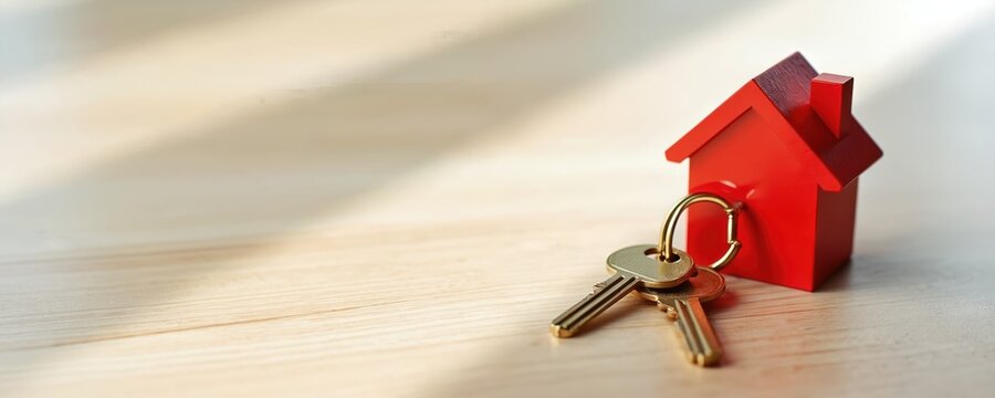 Red house keychain with keys rests on a light wood surface. This symbolizes homeownership concept. It signifies buying selling or renting property.