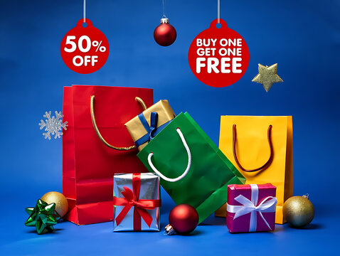 Holiday shopping spree with 50% off deals and buy one get one free offers, colorful gift bags and ornaments, perfect for Christmas and New Year promotions