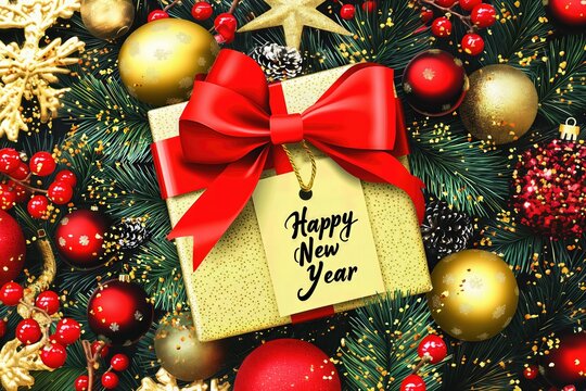 Golden gift box with a red bow and “Happy New Year” tag surrounded by Christmas decorations. - Powered by Adobe