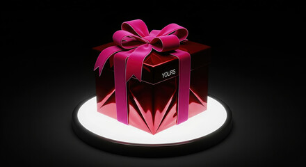 Close-up of a red gift box with pink ribbon on a glowing pedestal against a dark background, creating a sense of luxury and anticipation.