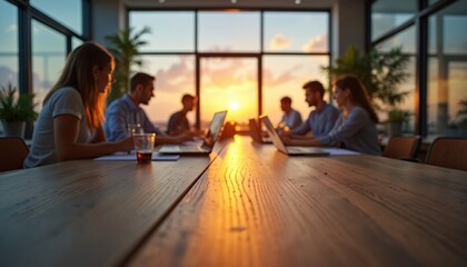 People work late in modern office conference room. Sun sets through large windows, casting warm golden light. Team uses laptops, focusing on tasks.