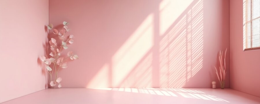 Minimalist pink studio interior corner with soft light shadows from window, blinds. Decorative eucalyptus branch, dry grass with candle stand on floor. Empty room background for product display - Powered by Adobe